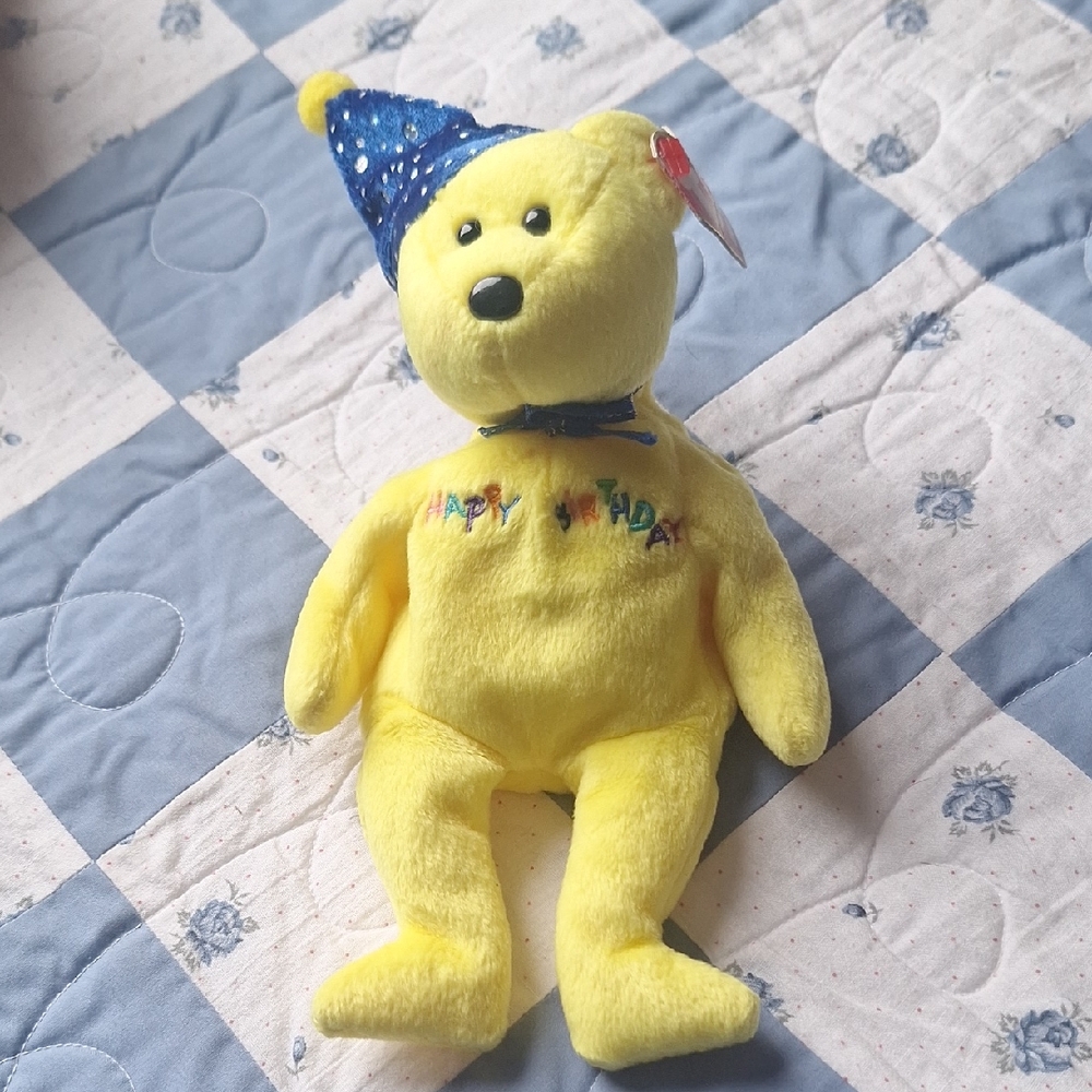Ty Yellow Birthday Bear with Blue Hat